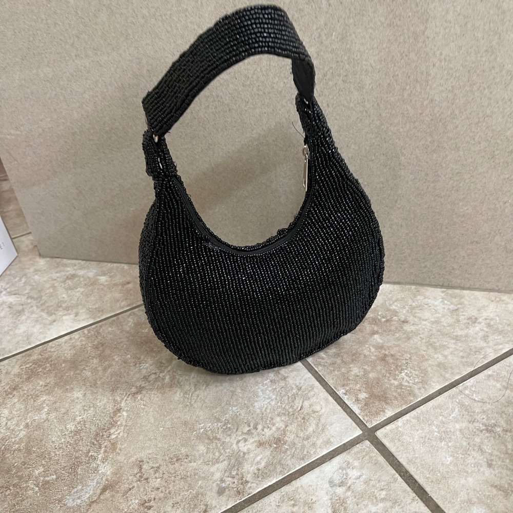 Studio 12 Black Beaded Floral Hobo Shoulder Bag Crescent Y2K Small Purse - Picture 4 of 12